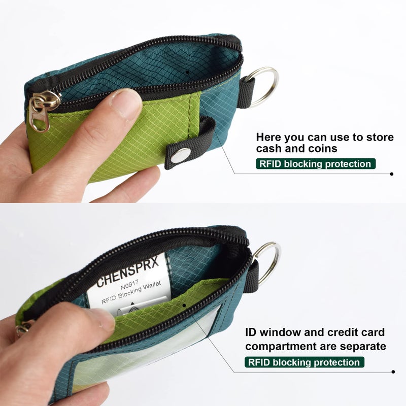 CHENSPRX Minimalist RFID Blocking Small Wallet with ID Window,WaterResistant Zip Id Case Wallet with Lanyard Keychain for Cards,Cash,Travel,Women,Men (GreenOnion+DarkGreen) - Image 4
